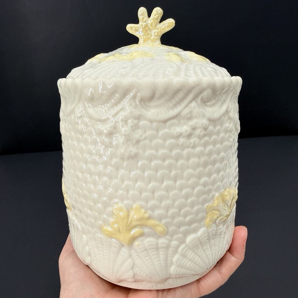 Vintage Belleek Pottery Ireland Shell Coral Biscuit Jar Canister Coastal Decor